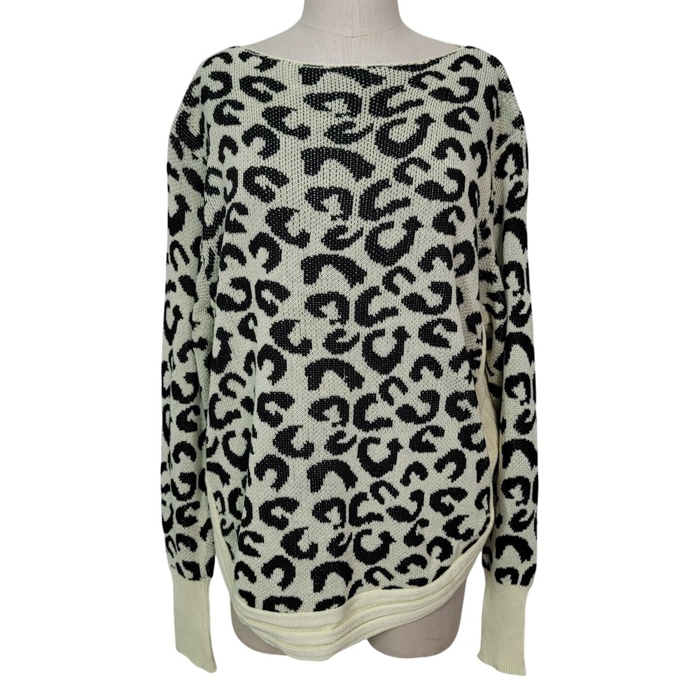 Maison Mascallier Cream Black Leopard Print Boat Neck Curved Hem Sweater Small